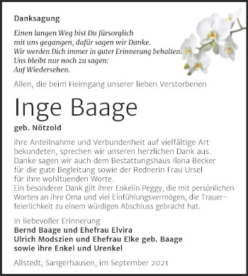 Traueranzeige von Inge Baage von Trauerkombi Sangerhausen
