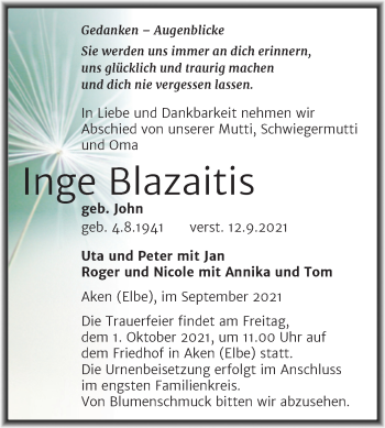 Traueranzeige von Inge Blazaitis von Trauerkombi Köthen