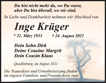 Traueranzeige von Inge Krüger von Trauerkombi Quedlinburg