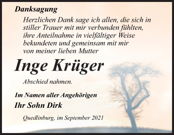 Traueranzeige von Inge Krüger von Trauerkombi Quedlinburg