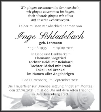 Traueranzeige von Inge Schladebach von Trauerkombi Merseburg