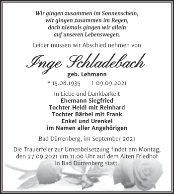 Traueranzeige von Inge Schladebach von Trauerkombi Weißenfels