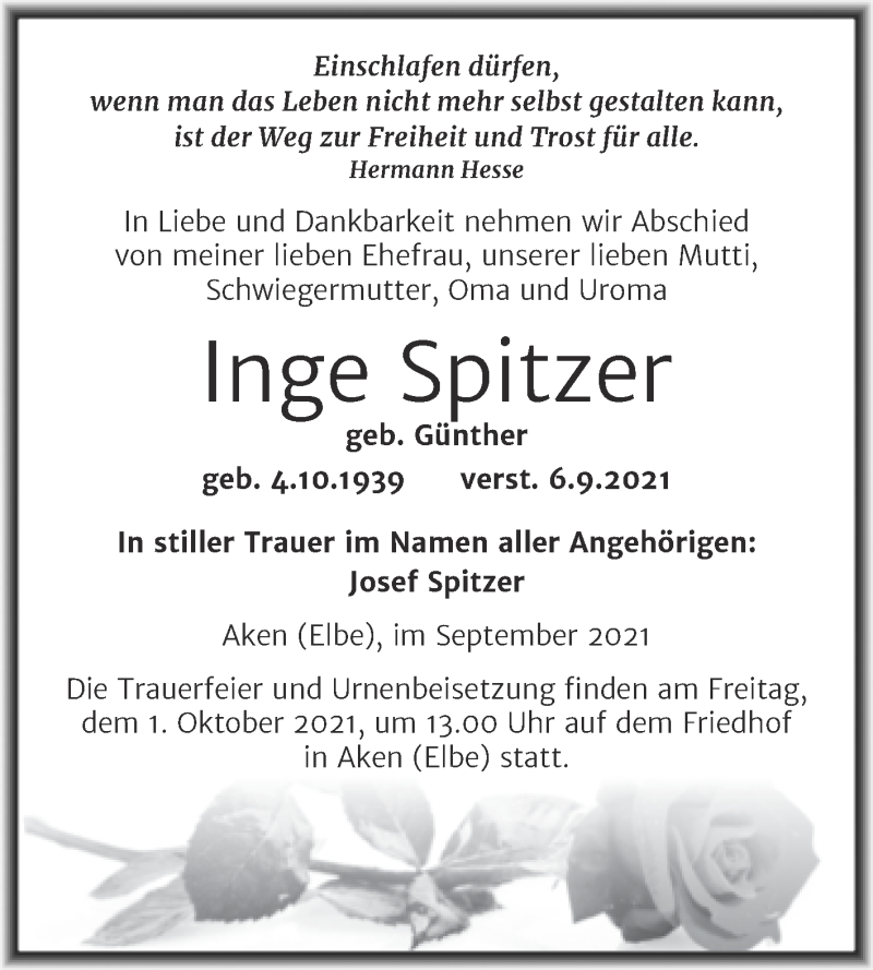  Traueranzeige für Inge Spitzer vom 09.09.2021 aus Trauerkombi Köthen