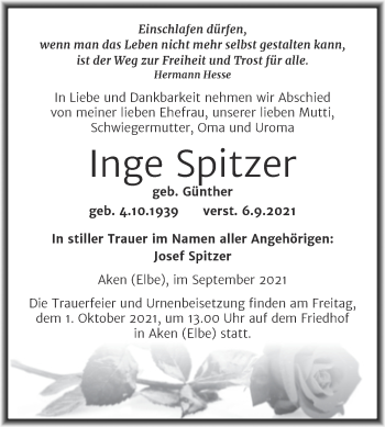 Traueranzeige von Inge Spitzer von Trauerkombi Köthen