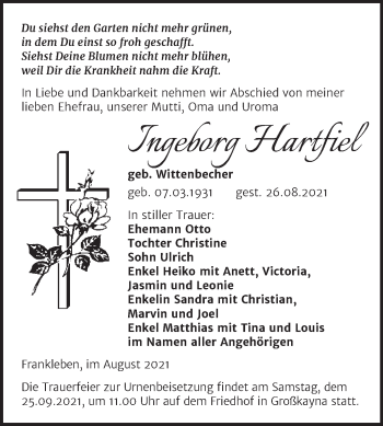 Traueranzeige von Ingeborg Hartfiel von Trauerkombi Merseburg