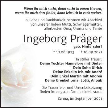 Traueranzeige von Ingeborg Präger von Trauerkombi Wittenberg