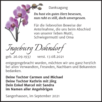 Traueranzeige von Ingeburg Dohndorf von Trauerkombi Sangerhausen