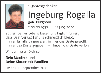 Traueranzeige von Ingeburg Rogalla von Super Sonntag Mansfelder Land
