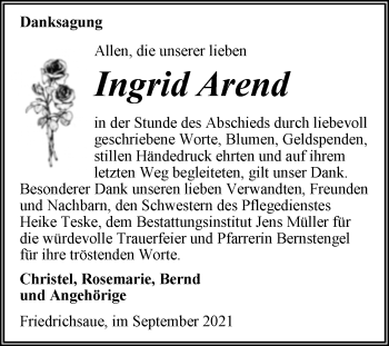Traueranzeige von Ingrid Arend von Trauerkombi Aschersleben