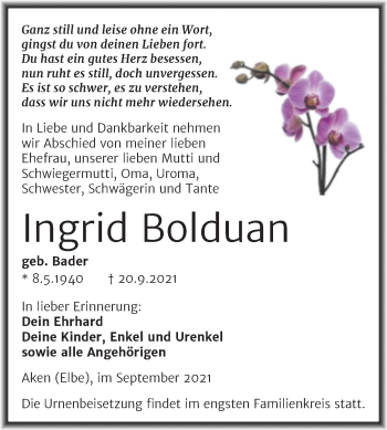Traueranzeige von Ingrid Bolduan von Trauerkombi Köthen