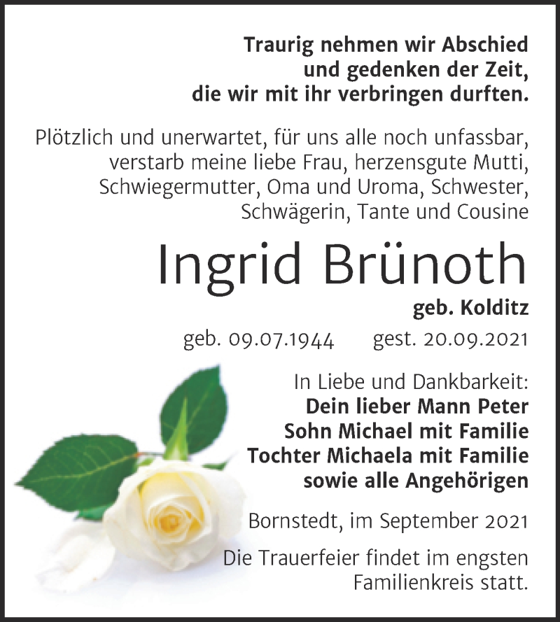  Traueranzeige für Ingrid Brünoth vom 25.09.2021 aus Trauerkombi Mansfelder Land