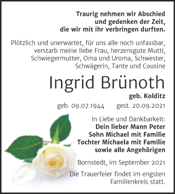 Traueranzeige von Ingrid Brünoth von Trauerkombi Mansfelder Land