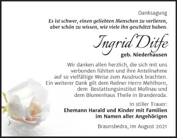 Traueranzeige von Ingrid Ditfe von Trauerkombi Merseburg