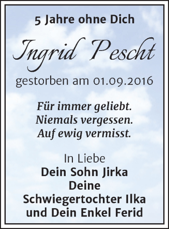 Traueranzeige von Ingrid Pescht von Trauerkombi Merseburg