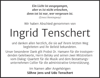 Traueranzeige von Ingrid Tenschert von Trauerkombi Dessau