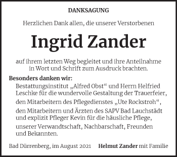 Traueranzeige von Ingrid Zander von Trauerkombi Merseburg