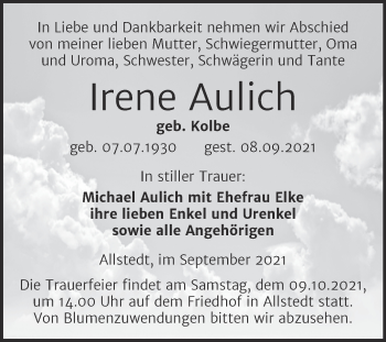 Traueranzeige von Irene Aulich von Trauerkombi Sangerhausen
