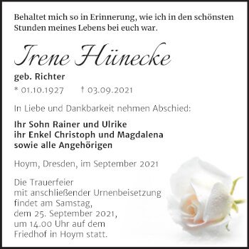 Traueranzeige von Irene Hünecke von Trauerkombi Aschersleben