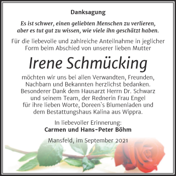Traueranzeige von Irene Schmücking von Trauerkombi Mansfelder Land