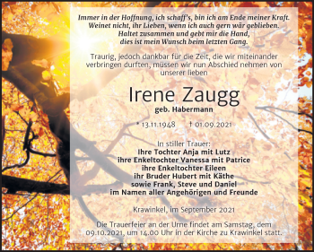 Traueranzeige von Irene Zaugg von Wochenspiegel Naumburg/Nebra