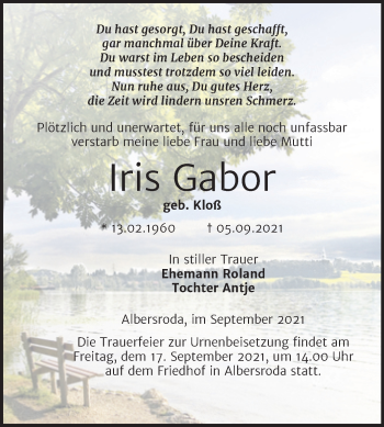 Traueranzeige von Iris Gabor von Trauerkombi Merseburg