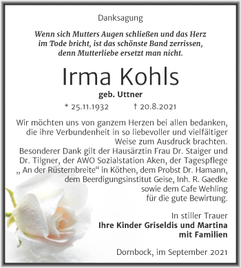 Traueranzeige von Irma Kohls von Trauerkombi Köthen