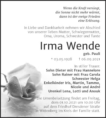 Traueranzeige von Irma Wende von Trauerkombi Wittenberg