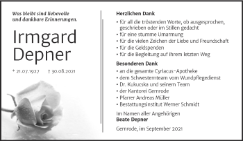 Traueranzeige von Irmgard Depner von Trauerkombi Quedlinburg