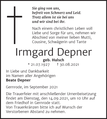 Traueranzeige von Irmgard Depner von Trauerkombi Quedlinburg