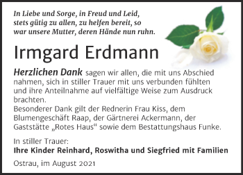 Traueranzeige von Irmgard Erdmann von Mitteldeutsche Zeitung Halle/Saalkreis