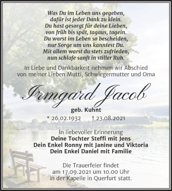 Traueranzeige von Irmgard Jacob von Trauerkombi Merseburg