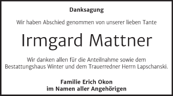 Traueranzeige von Irmgard Mattner von Trauerkombi Bitterfeld
