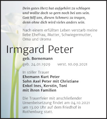 Traueranzeige von Irmgard Peter von Mitteldeutsche Zeitung Halle/Saalkreis