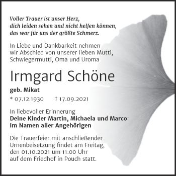 Traueranzeige von Irmgard Schöne von Trauerkombi Bitterfeld