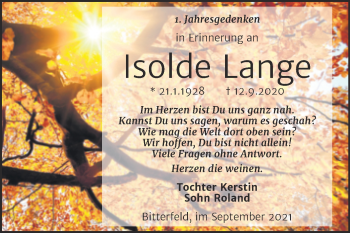 Traueranzeige von Isolde Lange von Trauerkombi Bitterfeld