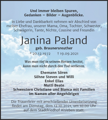 Traueranzeige von Janina Paland von Trauerkombi Bernburg