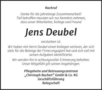 Traueranzeige von Jens Deubel von Wochenspiegel Weißenfels