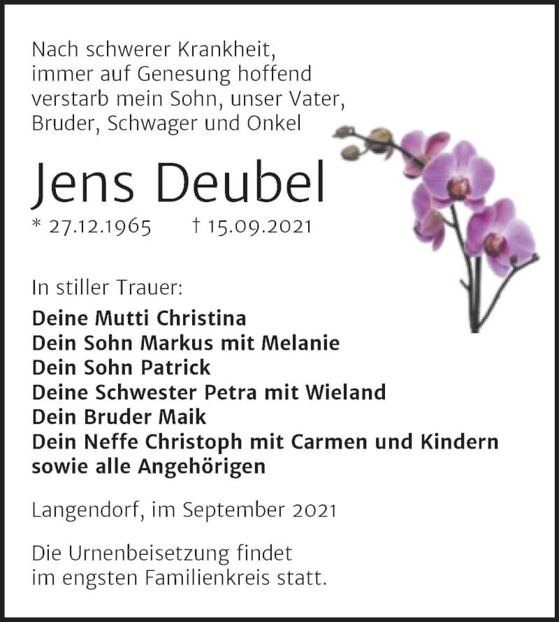  Traueranzeige für Jens Deubel vom 18.09.2021 aus Trauerkombi Weißenfels