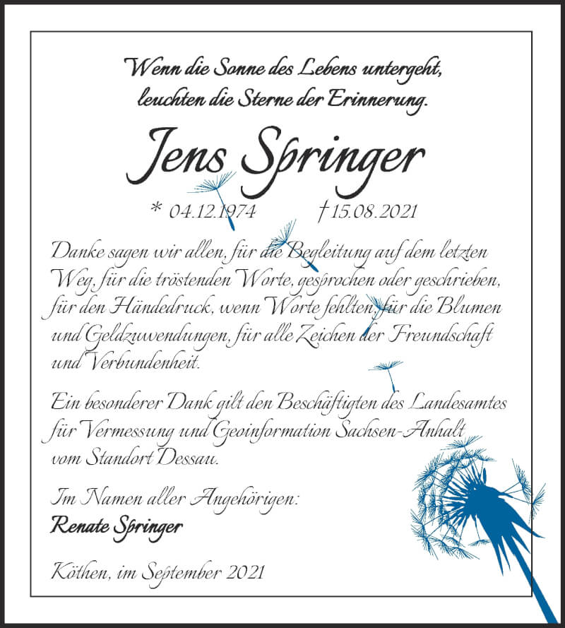  Traueranzeige für Jens Springer vom 18.09.2021 aus Trauerkombi Köthen
