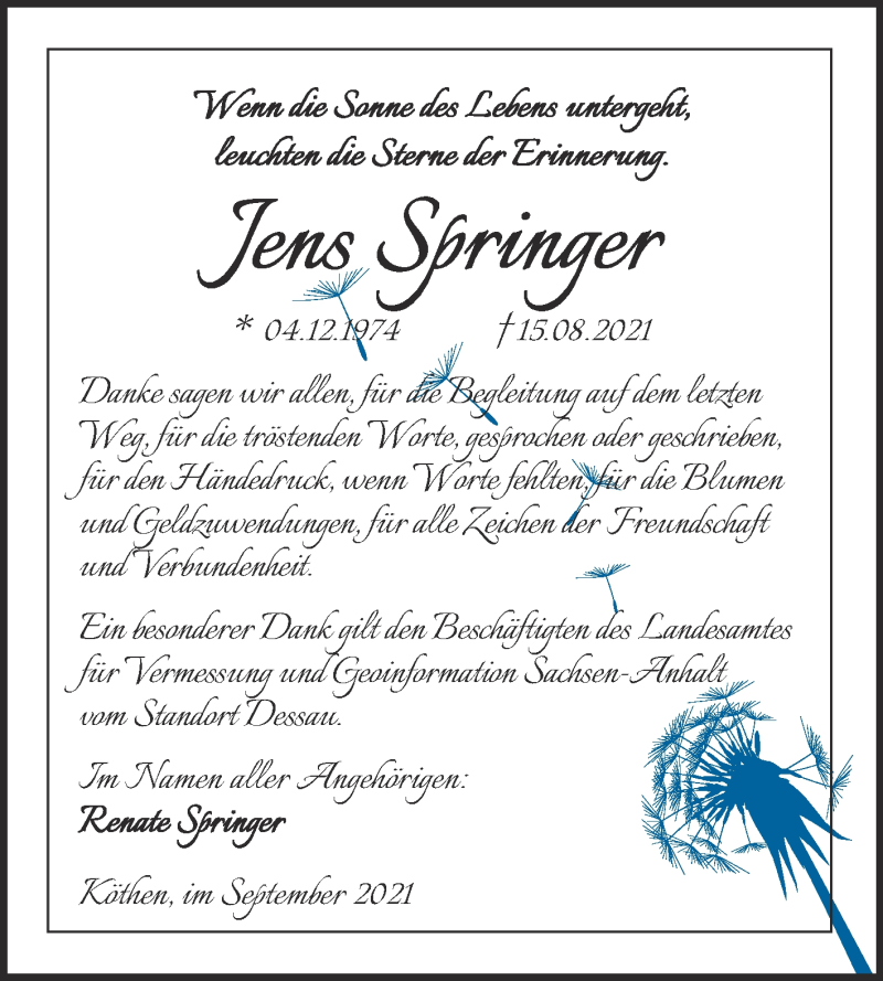  Traueranzeige für Jens Springer vom 11.09.2021 aus Trauerkombi Köthen