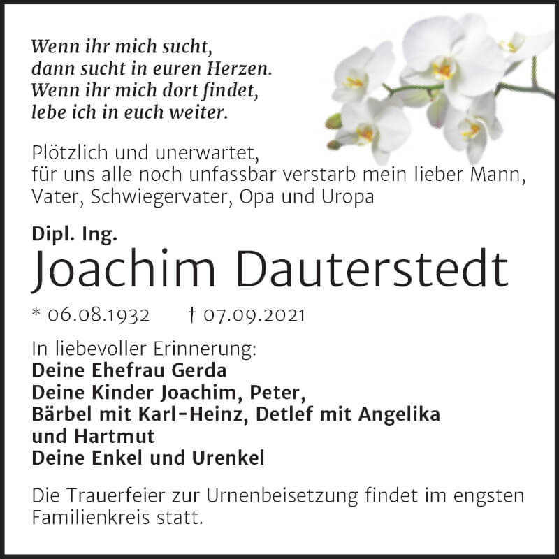  Traueranzeige für Joachim Dauterstedt vom 18.09.2021 aus Trauerkombi Mansfelder Land