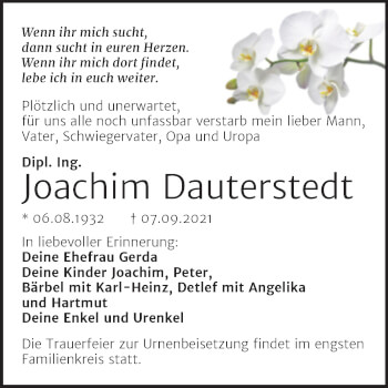 Traueranzeige von Joachim Dauterstedt von Trauerkombi Mansfelder Land
