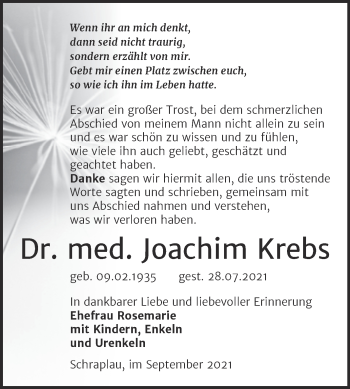 Traueranzeige von Joachim Krebs von Trauerkombi Merseburg