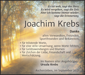 Traueranzeige von Joachim Krebs von Trauerkombi Aschersleben