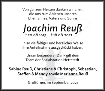 Traueranzeige von Joachim Reuß von Trauerkombi Mansfelder Land