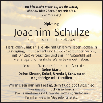 Traueranzeige von Joachim Schulze von Mitteldeutsche Zeitung Zeitz
