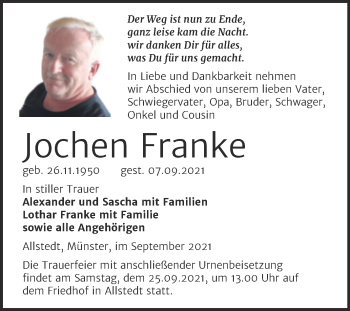 Traueranzeige von Jochen Franke von Trauerkombi Sangerhausen