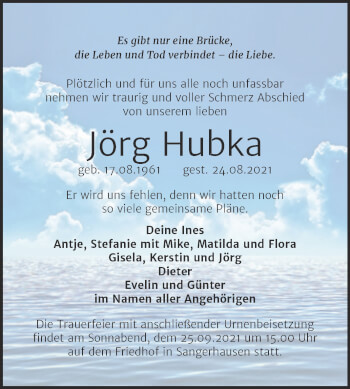 Traueranzeige von Jörg Hubka von Trauerkombi Sangerhausen