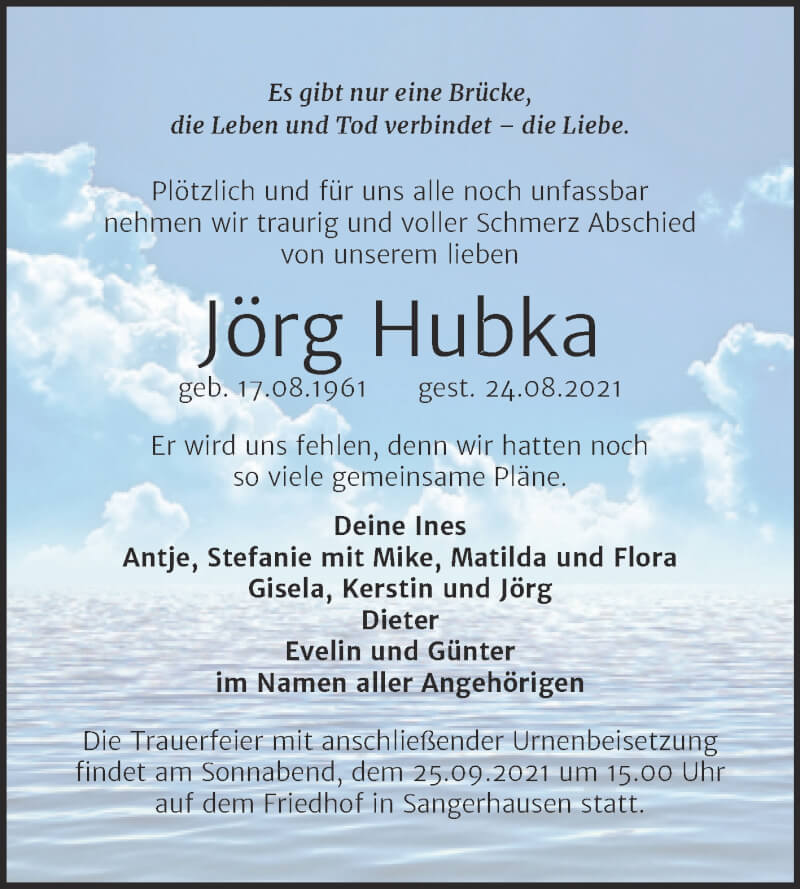  Traueranzeige für Jörg Hubka vom 18.09.2021 aus Trauerkombi Sangerhausen