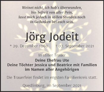 Traueranzeige von Jörg Jodeit von Trauerkombi Quedlinburg